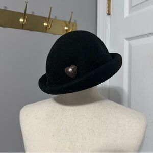 Elegant Black Cloche Hat with Heart Accent